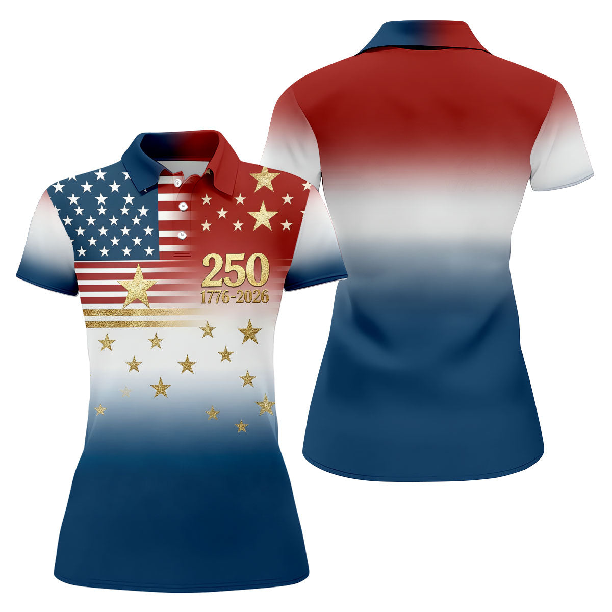 250 Years 1776-2026 Golden Star Golf Shirt For Women, Patriotic 4th Of July Ladies Golf Shirts
