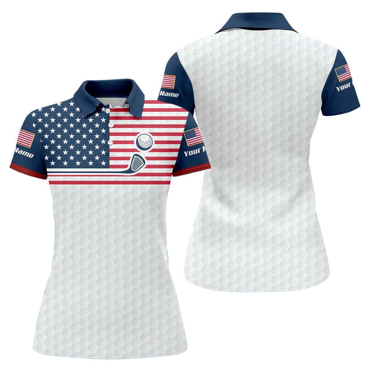 Patriot American Flag Wedge Golf Club Golf Ball Pattern Women's Golf Tops, 250th Anniversary Patriotic Golf Shirt