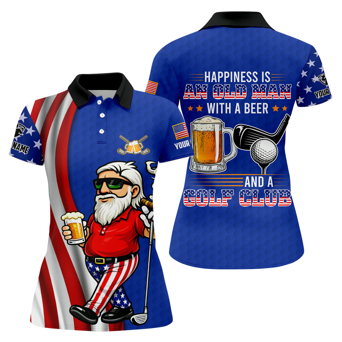 Happiness Is An Old Man With A Beer Funny 4th Of July Navy Golf Shirt, 250th Anniversary Women's Golf Tops