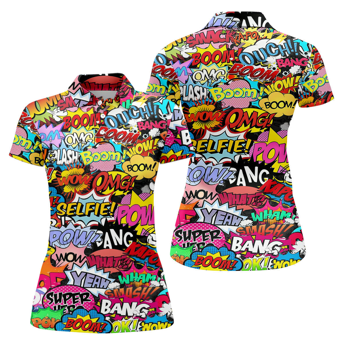 Comic Pop Art Golf Shirt, Retro Speech Bubble Pattern, Polo Shirts For Women