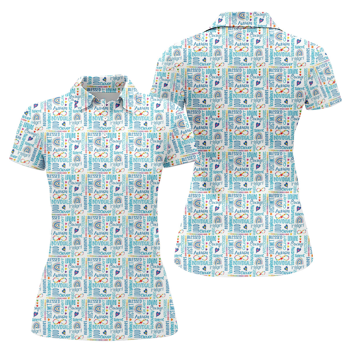 Autism Awareness Rainbow Heart Infinity Symbol Blue And White Golf Shirt For Women, Ladies Golf Polos