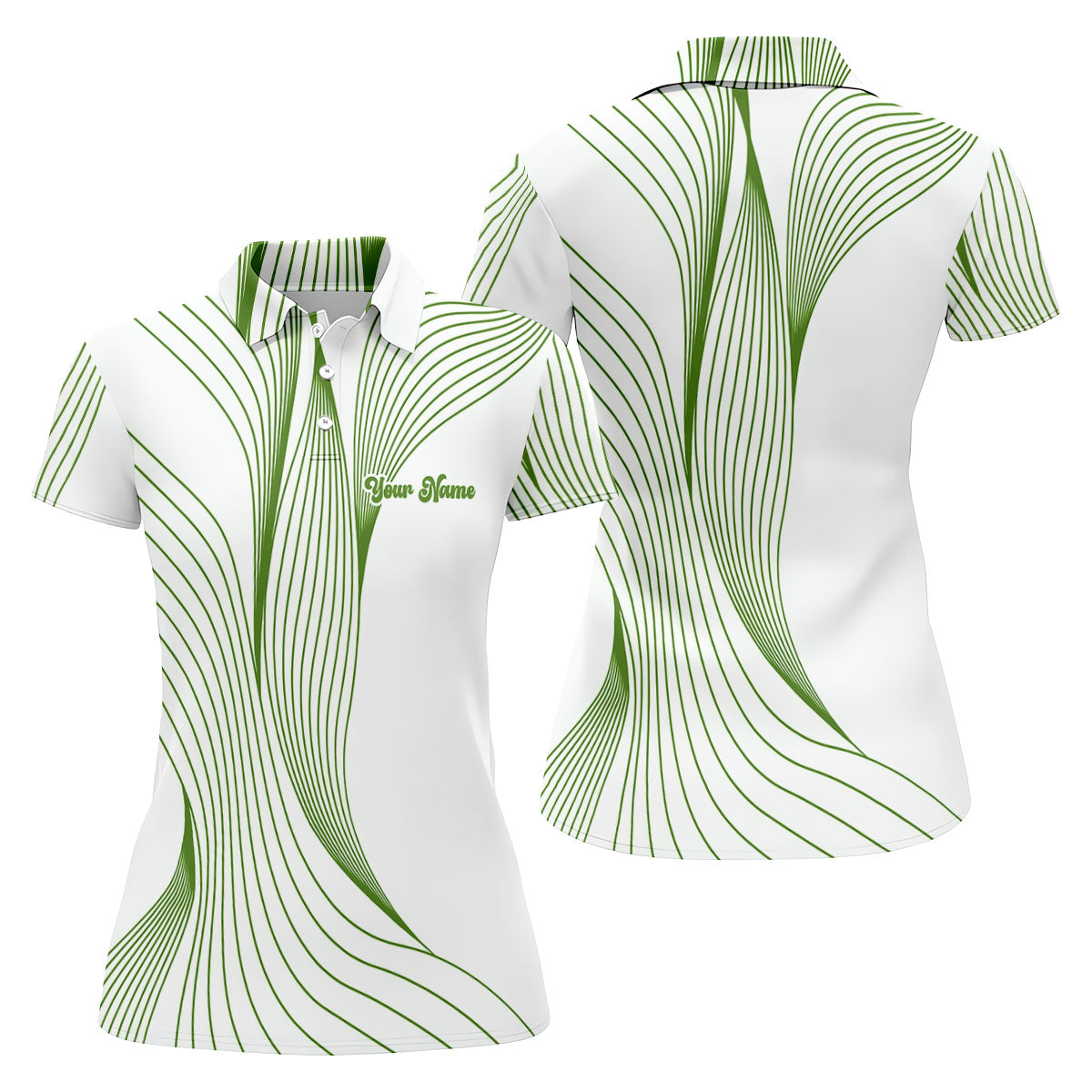 Geometric Line Wavy Line Green And White Custom Name Women's Golf Tops, Ladies Golf Shirts, Women's Polo Shirt