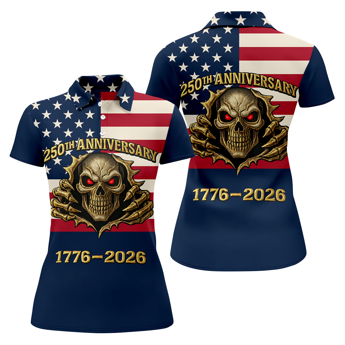 Patriotic American Flag Cool Skull 250th Anniversary Women's Golf Tops, Ladies Golf Shirts, Golf Gift For Ladies