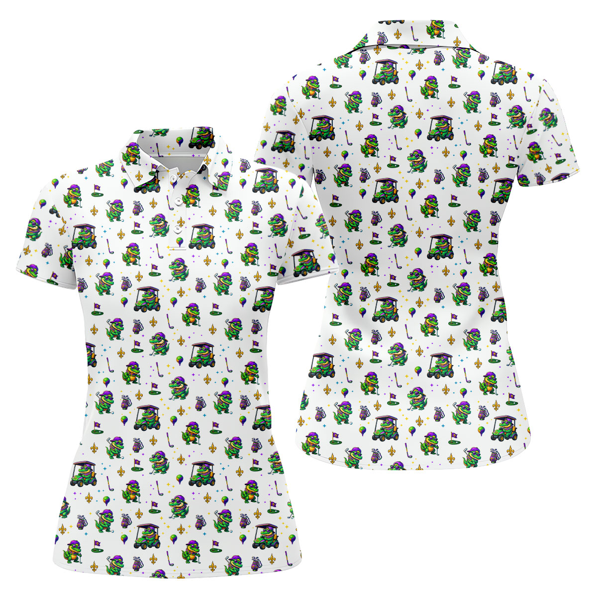 Funny Crocodile Mardi Gras Golf Shirts, White Golf Shirt, Festive Women Golf Top, Ladies Golf Shirts