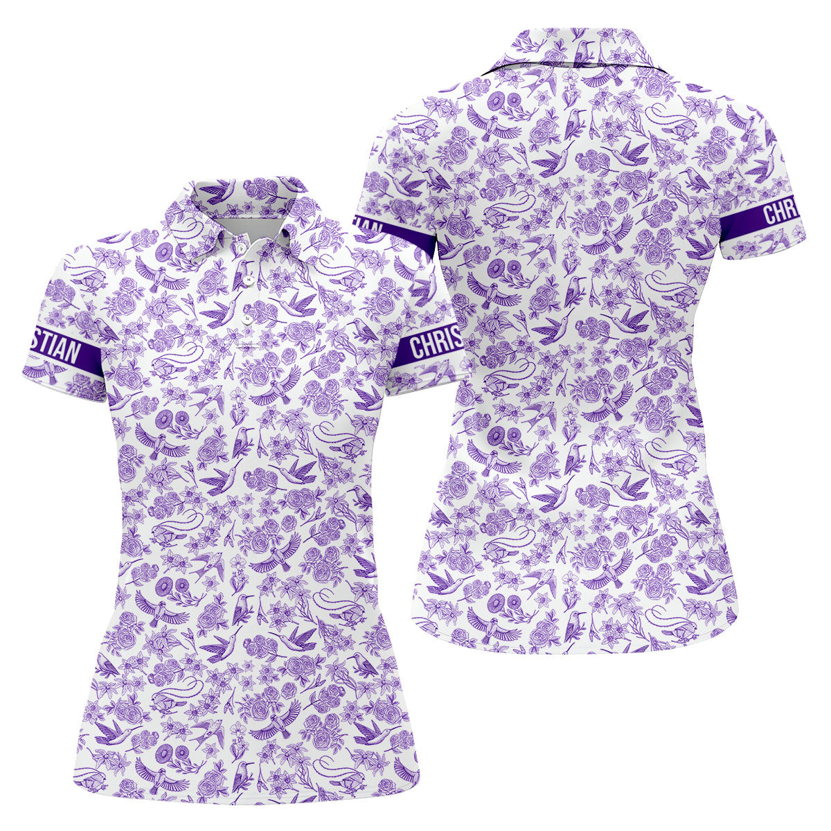 Custom Name Toile de Jouy Birds And Flowers Purple And White Women Golf Top, Ladies Golf Polos