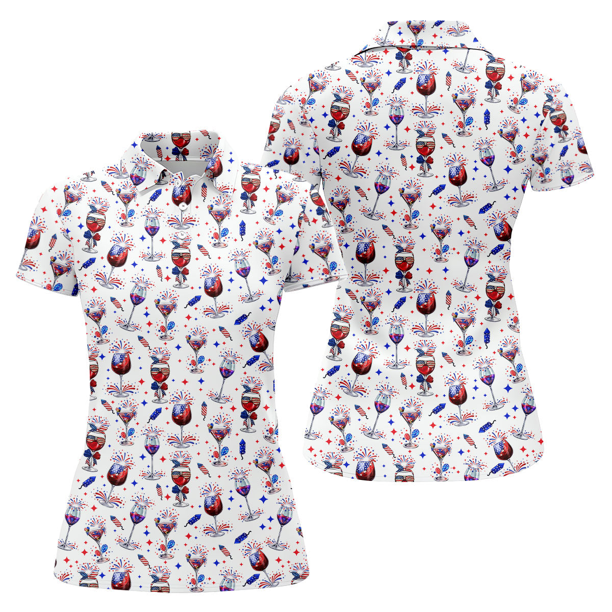 Wine And Martini American Flag Pattern Patriotic 4th Of July White Golf Shirt, 250th Anniversary Women's Golf Tops