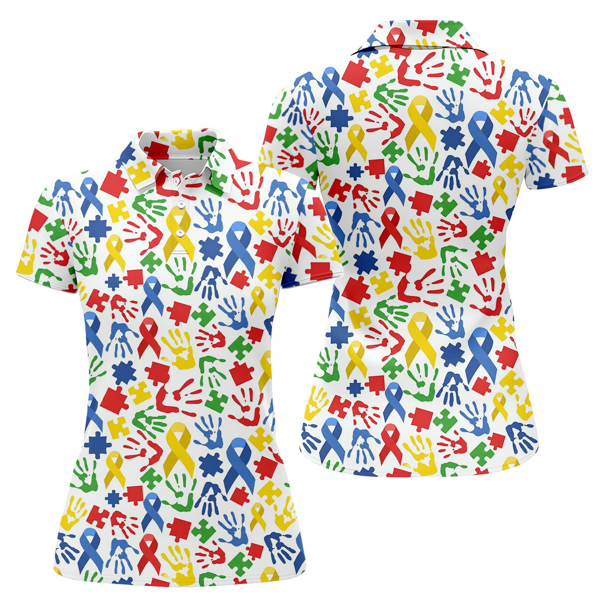 Autism Ribbon Colorful Puzzle Pieces Handprints Ladies Golf Shirts, Golf Shirt For Women, Ladies Golf Polos