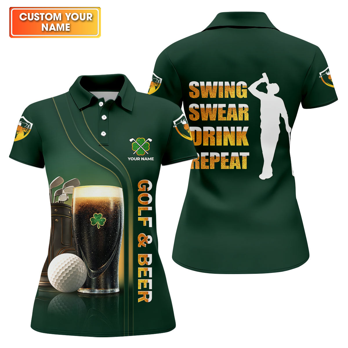 Swing Swear Drink Repeat Golf And Beer St Patrick's Day Green Women's Golf Tops, Ladies Golf Polos