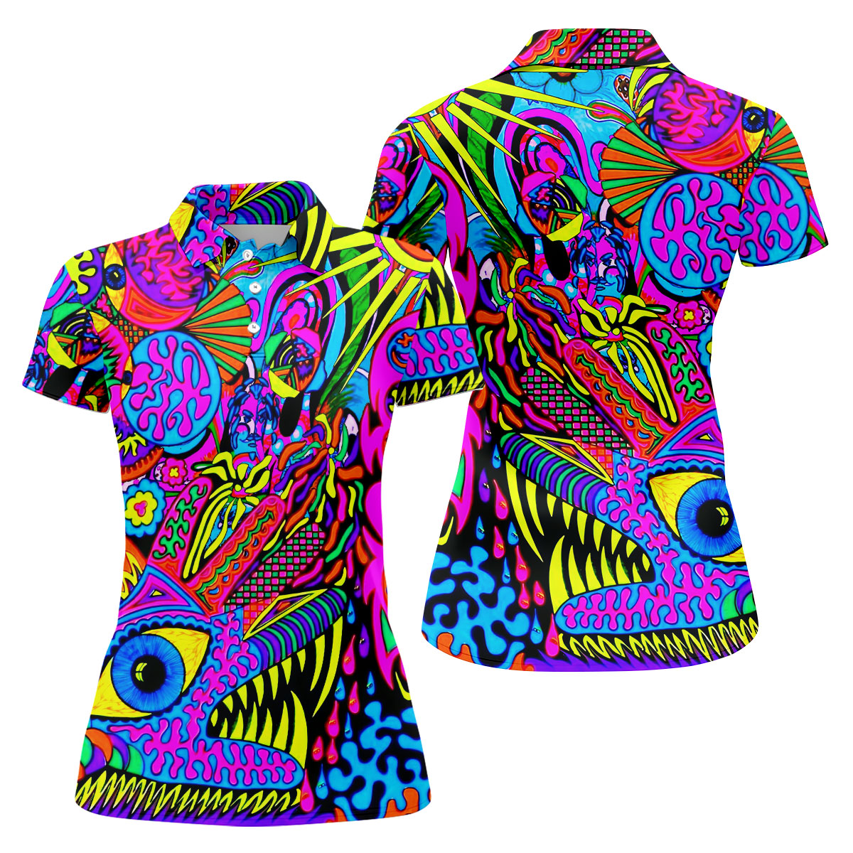 Neon Psychedelic Abstract Eye Pattern Golf Shirt, Women's Golf Tops, Women’s Golf Apparel, Performance Golf Shirt