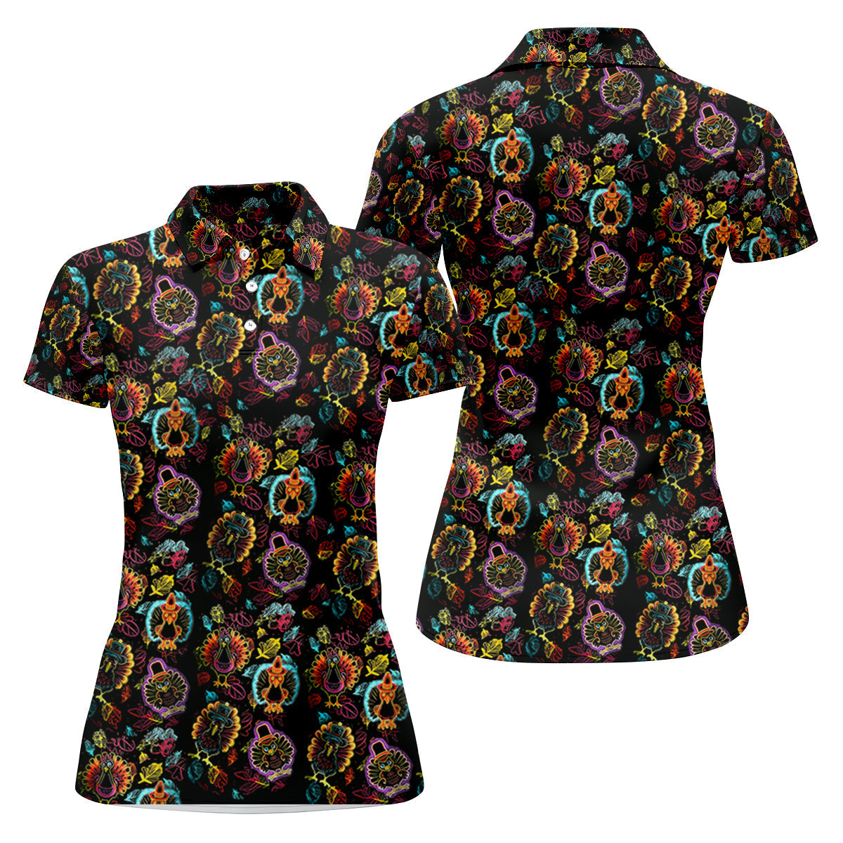 Neon Turkey Thanksgiving Fun Women's Golf Shirts, Women Golf Top, Ladies Golf Polos, Golfing Apparel