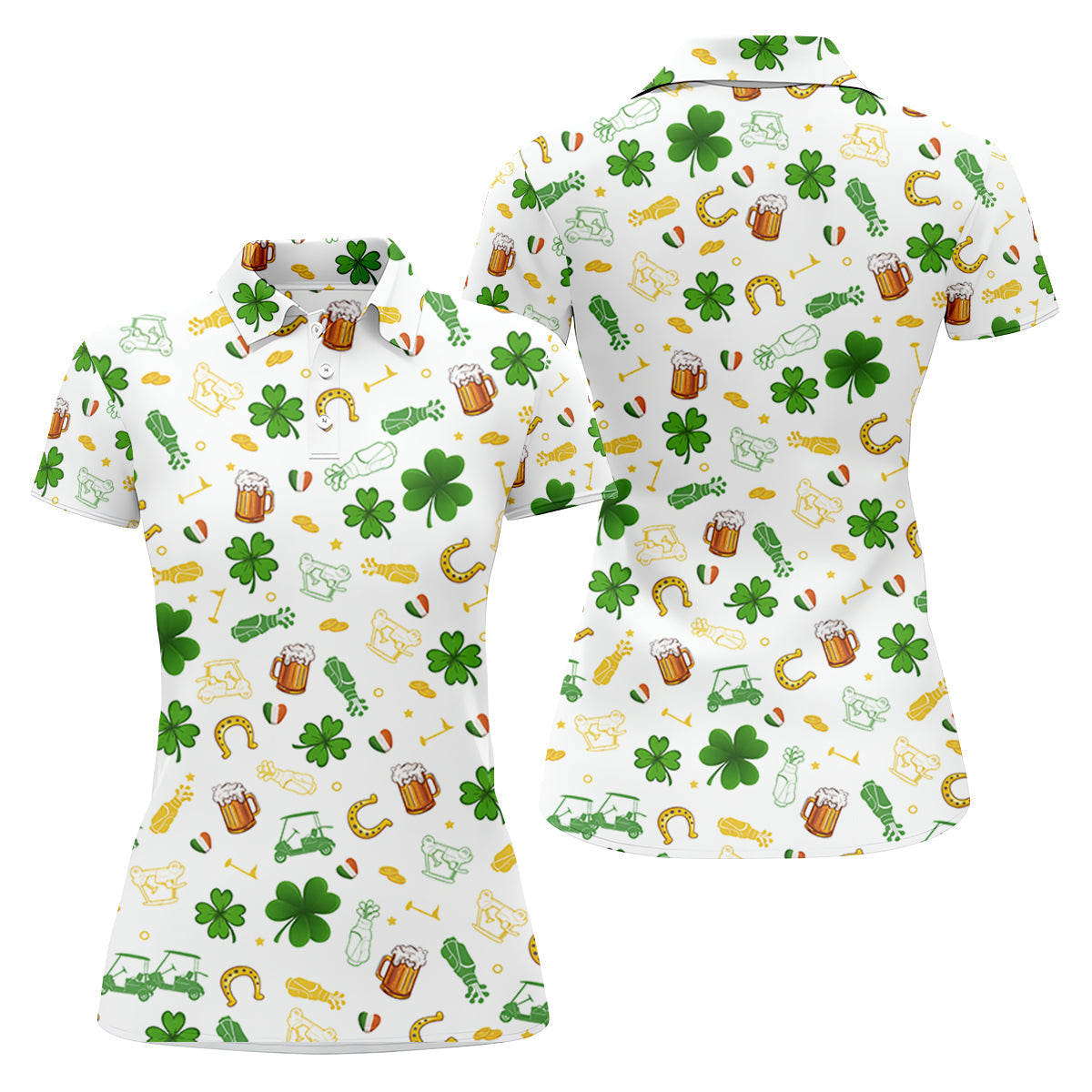 St Patrick's Day Beer Golden Horseshoes Shamrock Golf Shirt, Women's Golf Tops, Ladies Golf Polos