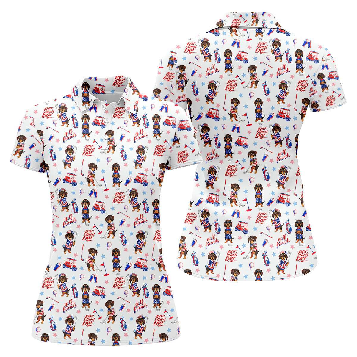 Par Then Bar Cute Dachshund Golf Pose 4th Of July Women Golf Top, 250th Anniversary Patriotic Golf Shirt