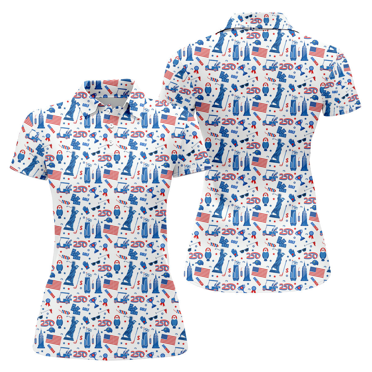 Funny Statue Of Liberty Golf Pose 4th Of July Red White Blue Women Golf Top, 250th Anniversary Patriotic Golf Shirt