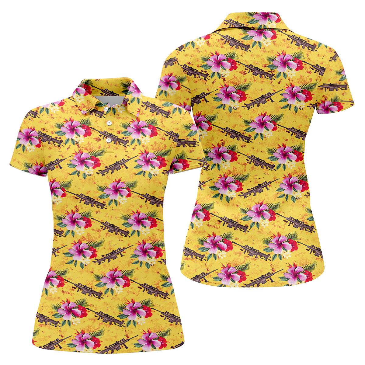 Floral Pattern Army Theme Hawaiian Yellow Golf Shirt, Women's Golf Tops, Ladies Golf Shirts