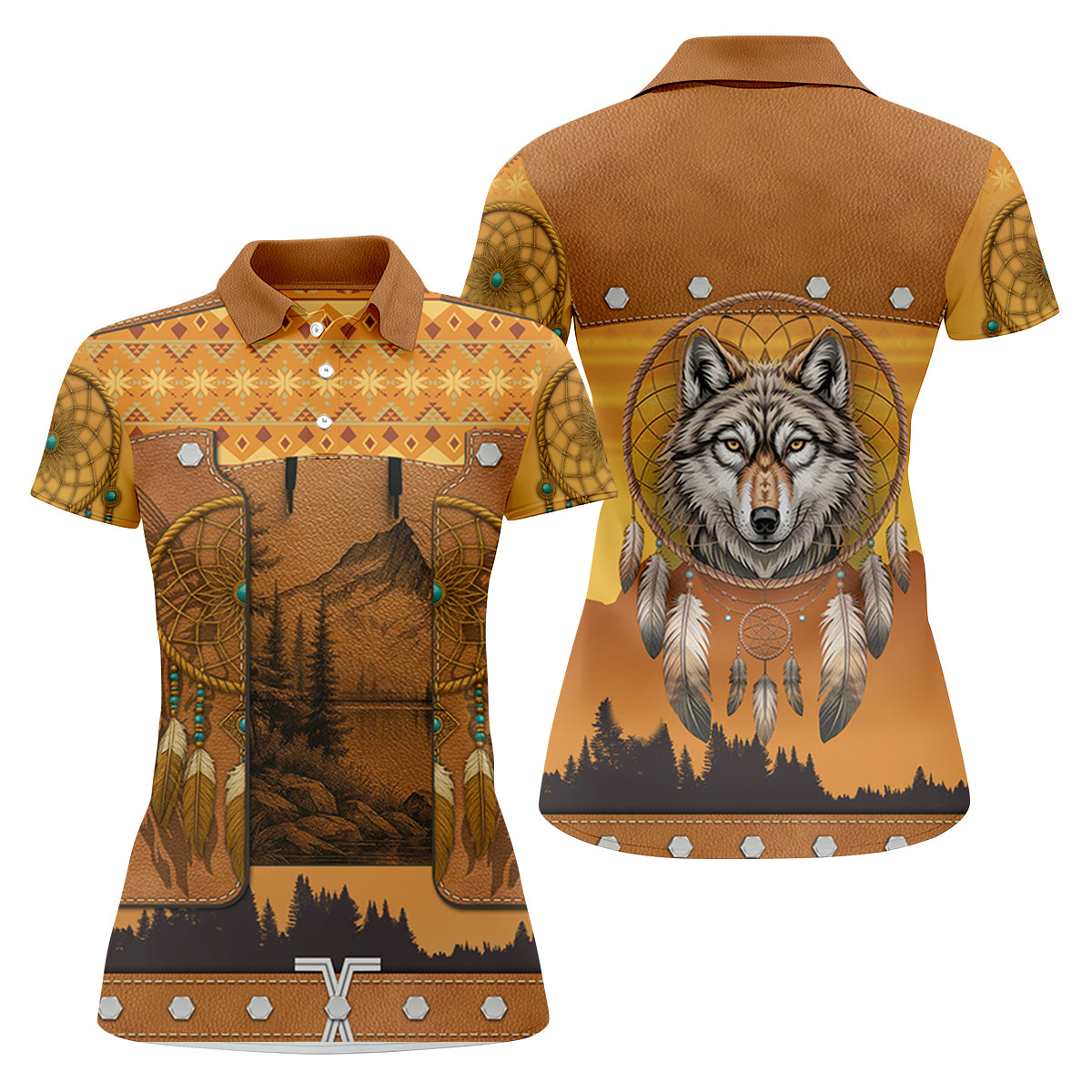 Golden Horizon Tribal Theme Women's Golf Tops, Native American Ancestry Ladies Golf Polos, Indigenous Peoples Month