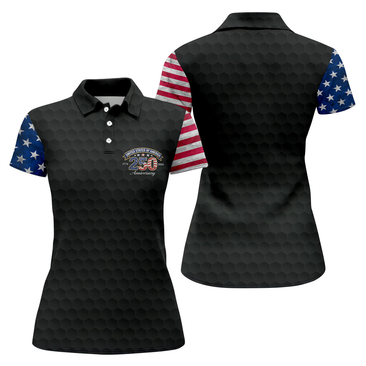 250th Anniversary Golf Ball Pattern Black Golf Shirt, Patriotic 4th Of July Golf Shirt, Golf Shirt For Women