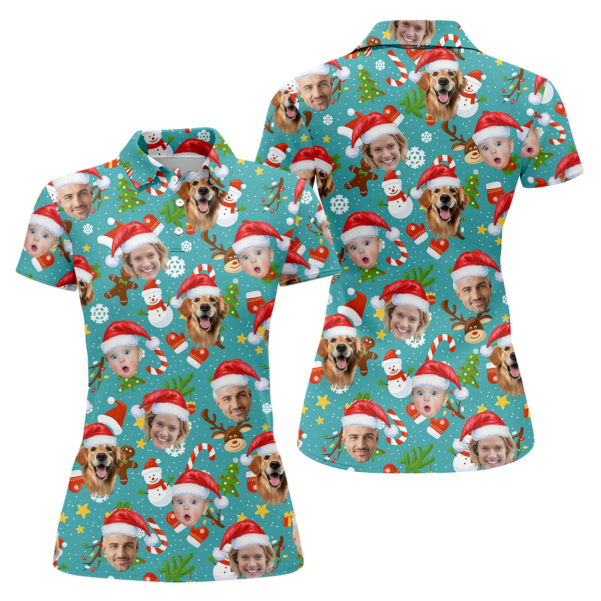 Custom Face Cute Christmas Pattern Teal Golf Shirt, Christmas Golf Shirt, Golf Gifts For Women