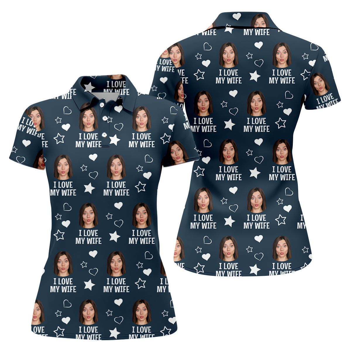 I Love My Husband Custom Face Navy Golf Shirt, Fun Women's Golf Shirts, Valentines Golf Gift, Ladies Golf Shirts