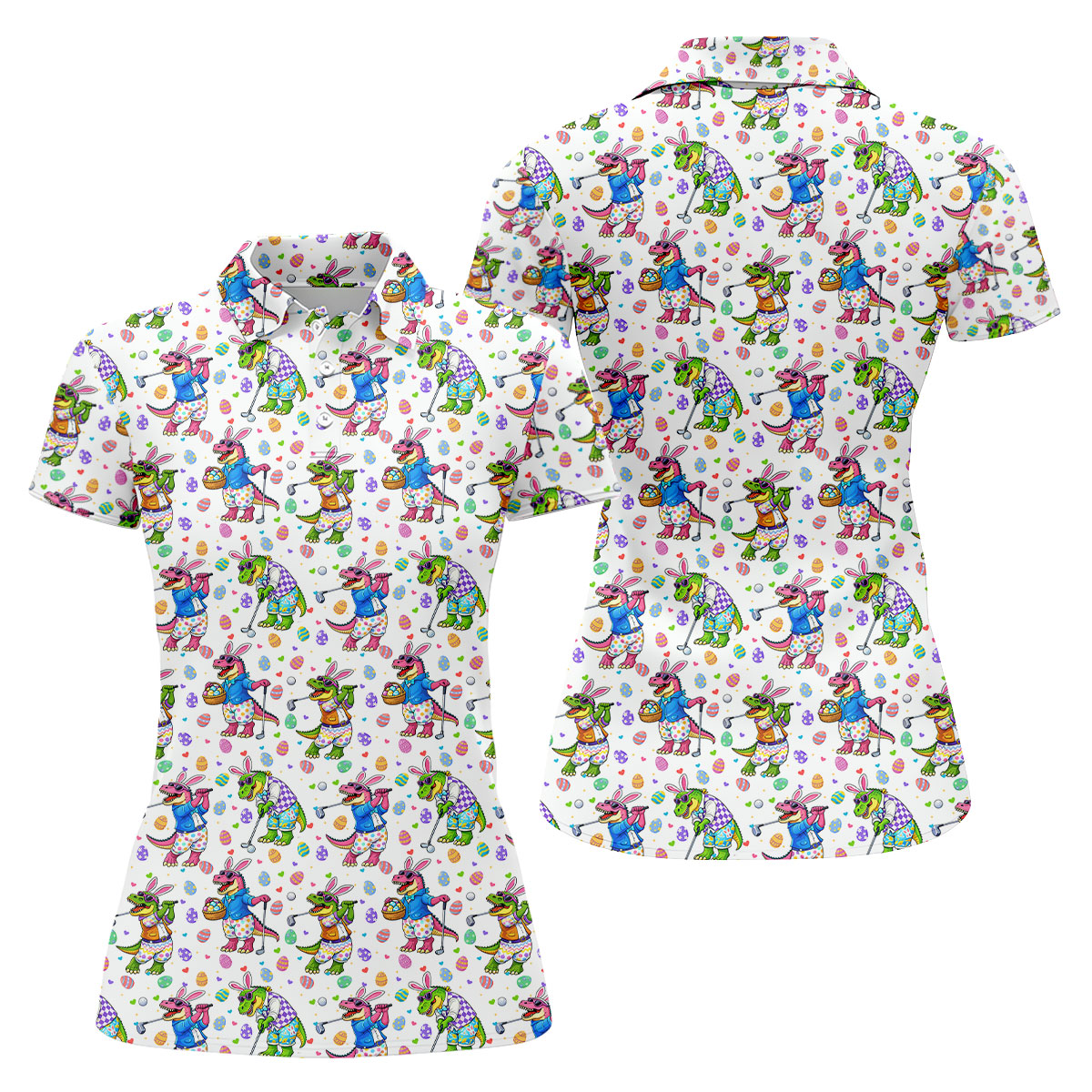 Easter Dinosaur Gradient Pattern Women Golf Top, Fun Women's Golf Shirts, Ladies Golf Shirts
