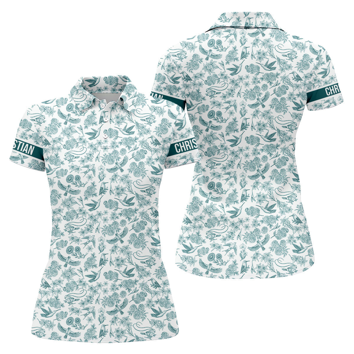 Custom Name Toile de Jouy Birds And Flowers Teal And White Women Golf Top, Ladies Golf Polos