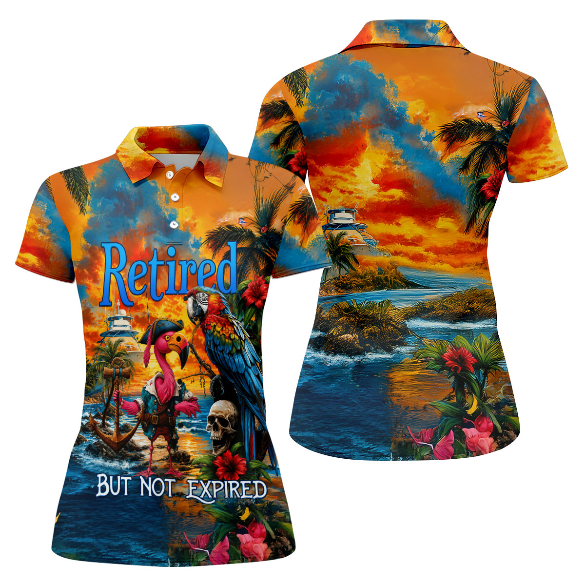 Retired Parrot Flamingo Pirate Tropical Golf Shirt, Women’s Golf Polo, Ladies Golf Shirts, Printed Golf Shirt