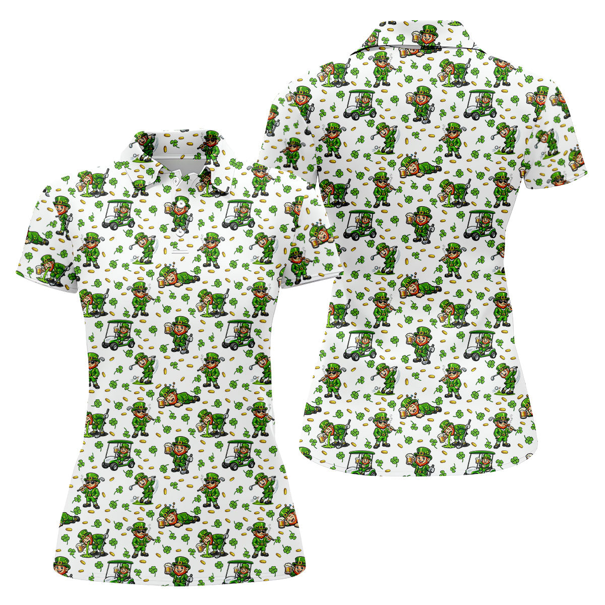 Funny Leprechaun Golf And Beer Green Shamrocks St Patrick's Day Golf Shirt, Women's Golf Shirts, Ladies Golf Polos
