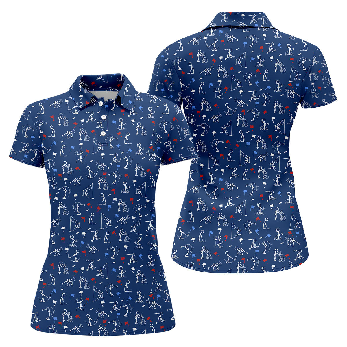 Funny Stick Figure Golf Pose Red White Blue Patriotic Golf Shirt, 250th Anniversary Women's Golf Tops