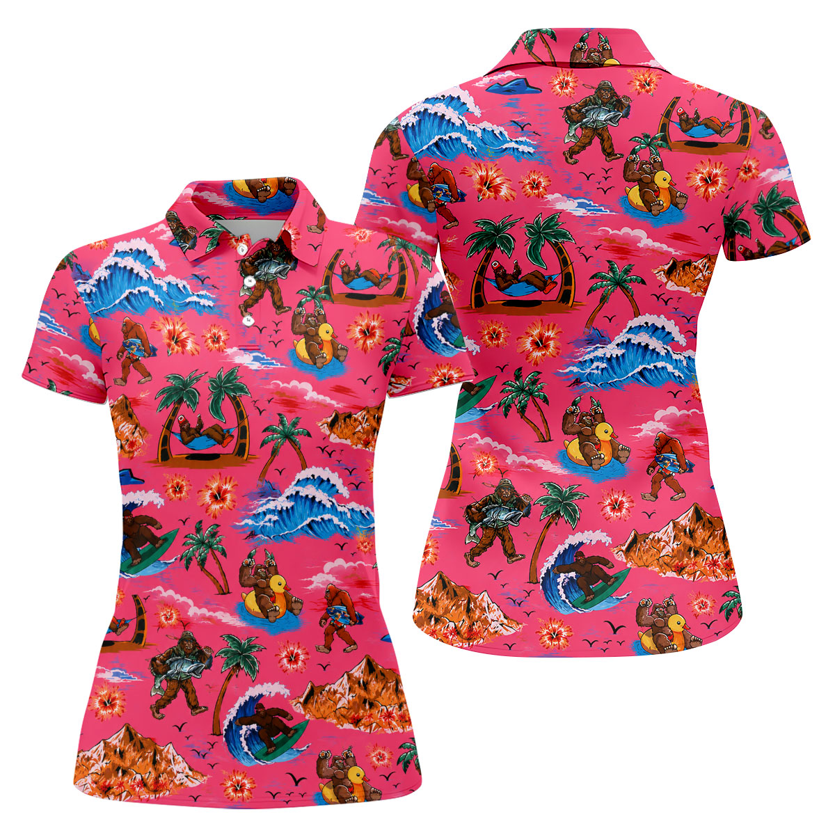 Pink Bigfoot Aloha Beach Vacation Golf Shirt, Golf Polo For Women, Printed Golf Shirt