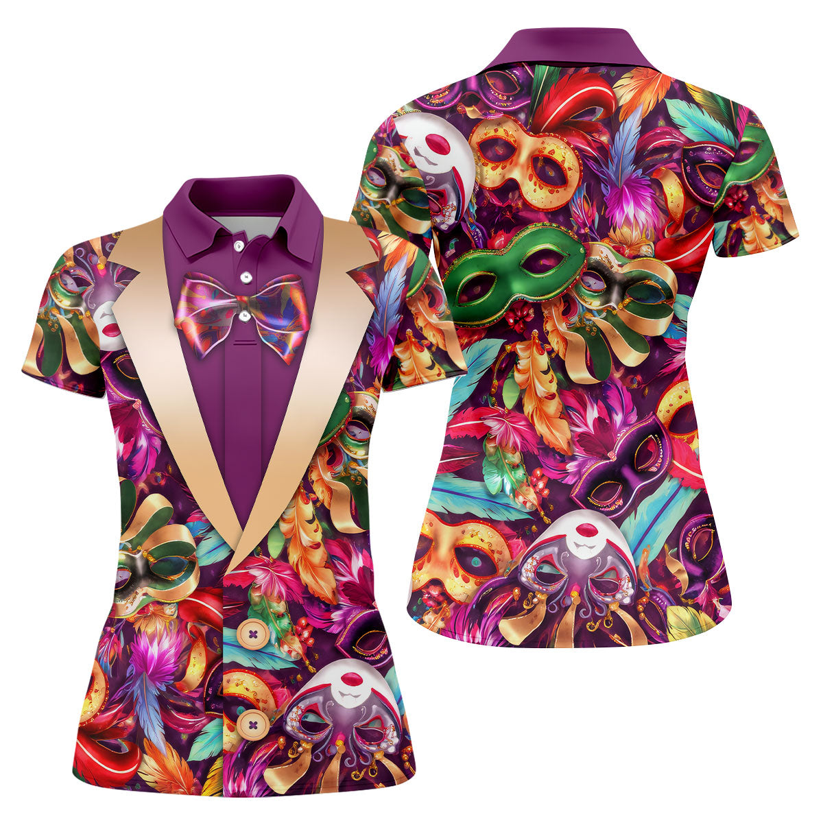 Colorful Mardi Gras Suit Print Fun Women's Golf Shirts, Women's Golf Tops, Ladies Golf Polos