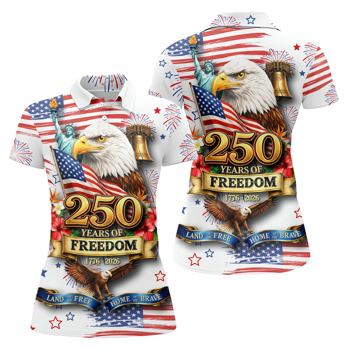 250 Years Of Freedom 1776-2026 White 4th Of July Women Golf Top, 250th Anniversary Patriotic Golf Shirt
