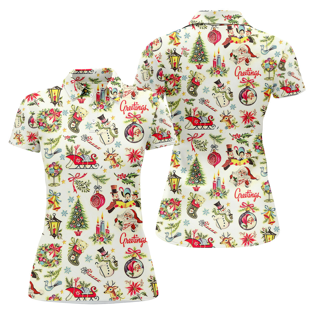 Snowman Santa Greetings Christmas Golf Tops, Women's Christmas Golf Polos Shirt, Ladies Golf Apparel