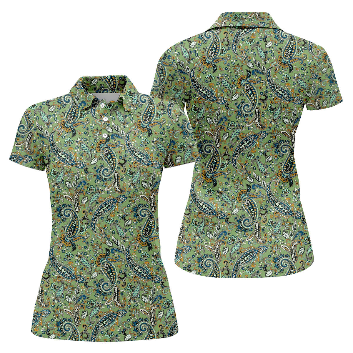 Paisley Vintage Earth Green Women's Golf Tops, Ladies Golf Polos, Golf Shirt For Women