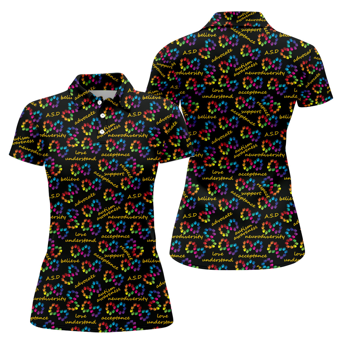 Rainbow Infinity Symbol Autism Awareness Colorful Handprint Women's Golf Tops, Ladies Golf Shirts