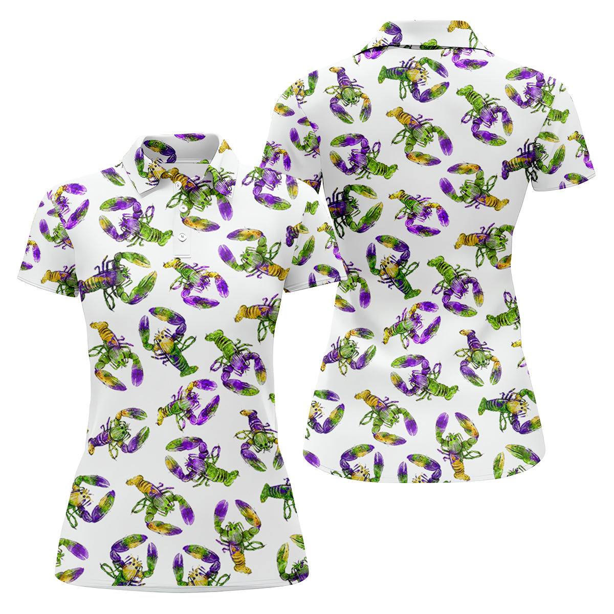 Purple Green Gold Crawfish Pattern Mardi Gras Golf Shirt, Women's Golf Tops, Ladies Golf Polos