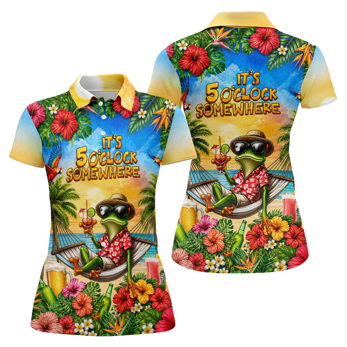 Frog Hammock 5 Oclock Somewhere Tropical Golf Shirt, Ladies Golf Shirts, Women’s Golf Apparel