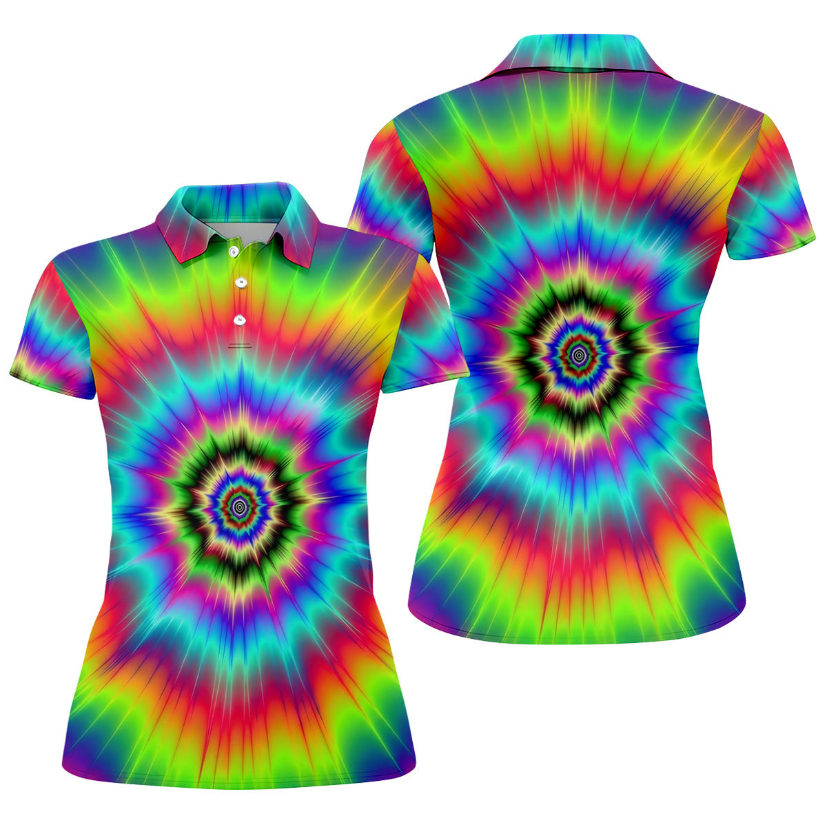 Rainbow Tie Dye Golf Shirt, Psychedelic Spiral Burst Pattern, Golf Shirt For Women