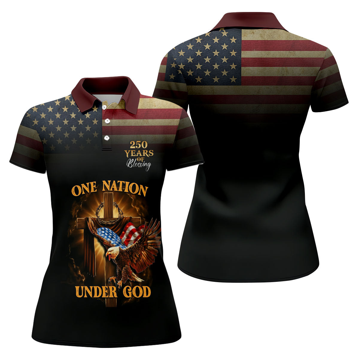 One Nation Under God 250 Years Faith Cross 4th Of July Golf Shirt, Patriotic Women's Golf Tops
