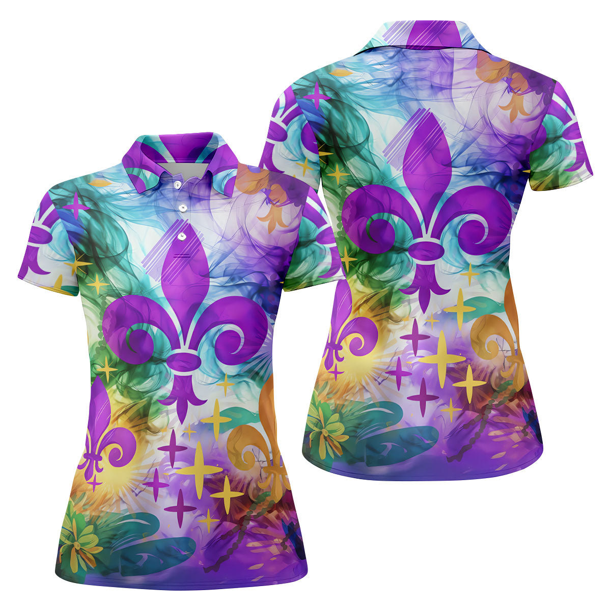Mardi Gras Festival Fleur De Lis Symbol Purple Green Gold Women's Golf Tops, Ladies Golf Polos