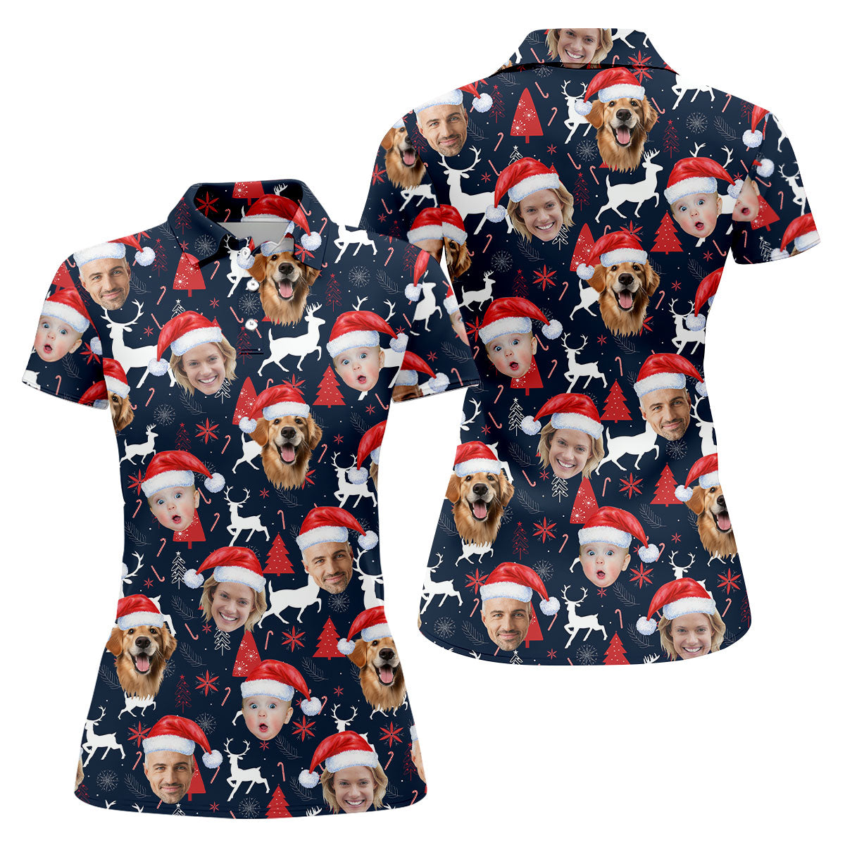 Custom Face Red And Navy Seamless Pattern Christmas Golf Shirt, Ladies Golf Shirts, Golf Gifts For Women