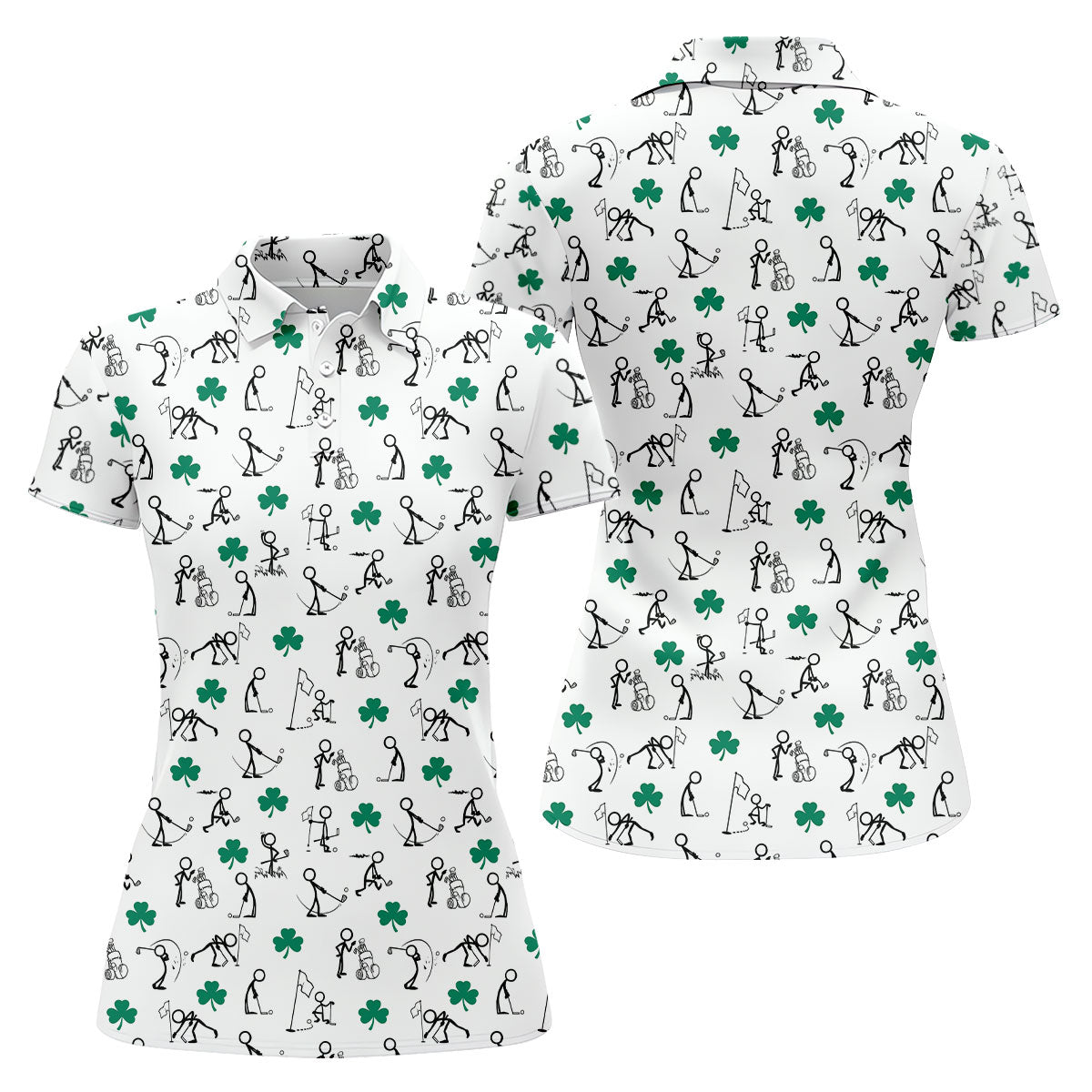 Stick Figure Golf Pose St Patrick's Day Shamrock White Golf Shirt, Women's Golf Tops, Ladies Golf Polos