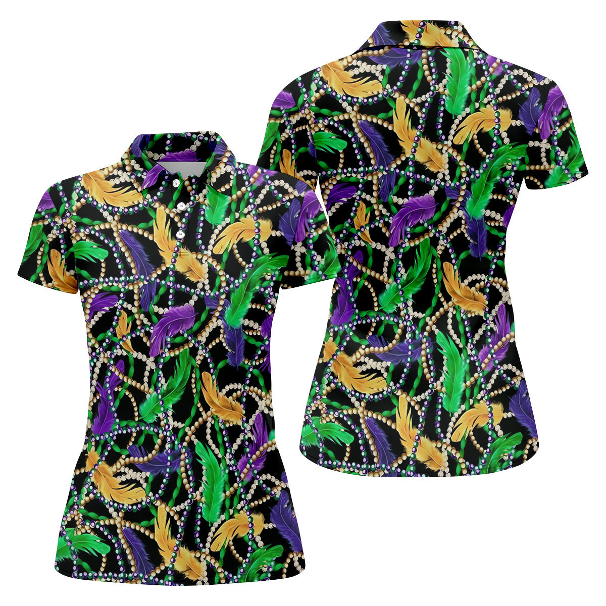 Purple Green Gold Feather Beads Mardi Gras Golf Shirt, Women's Golf Tops, Ladies Golf Polos