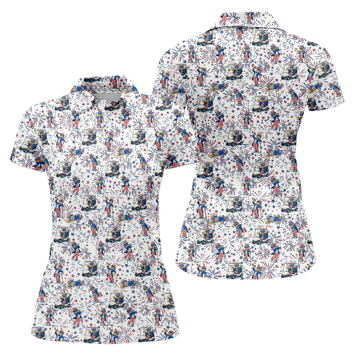Patriotic Theme Golf And Beer Funny 4th Of July Golf Shirt, 250 Years Seamless Pattern Women's Golf Tops