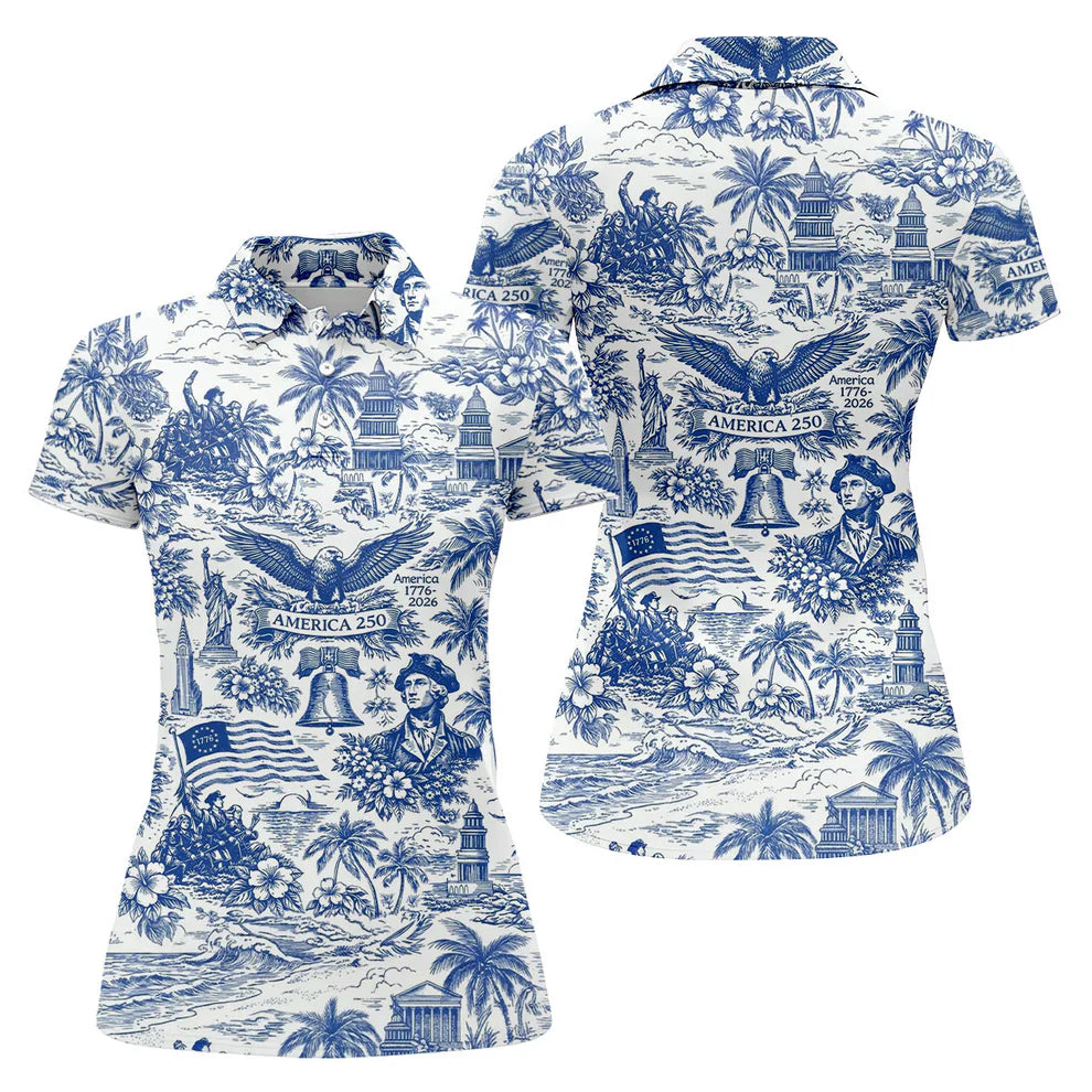 250 Years Of America Tropical Vibe Vintage Golf Polo Shirt, Patriotic 4th Of July Golf Shirt For Women