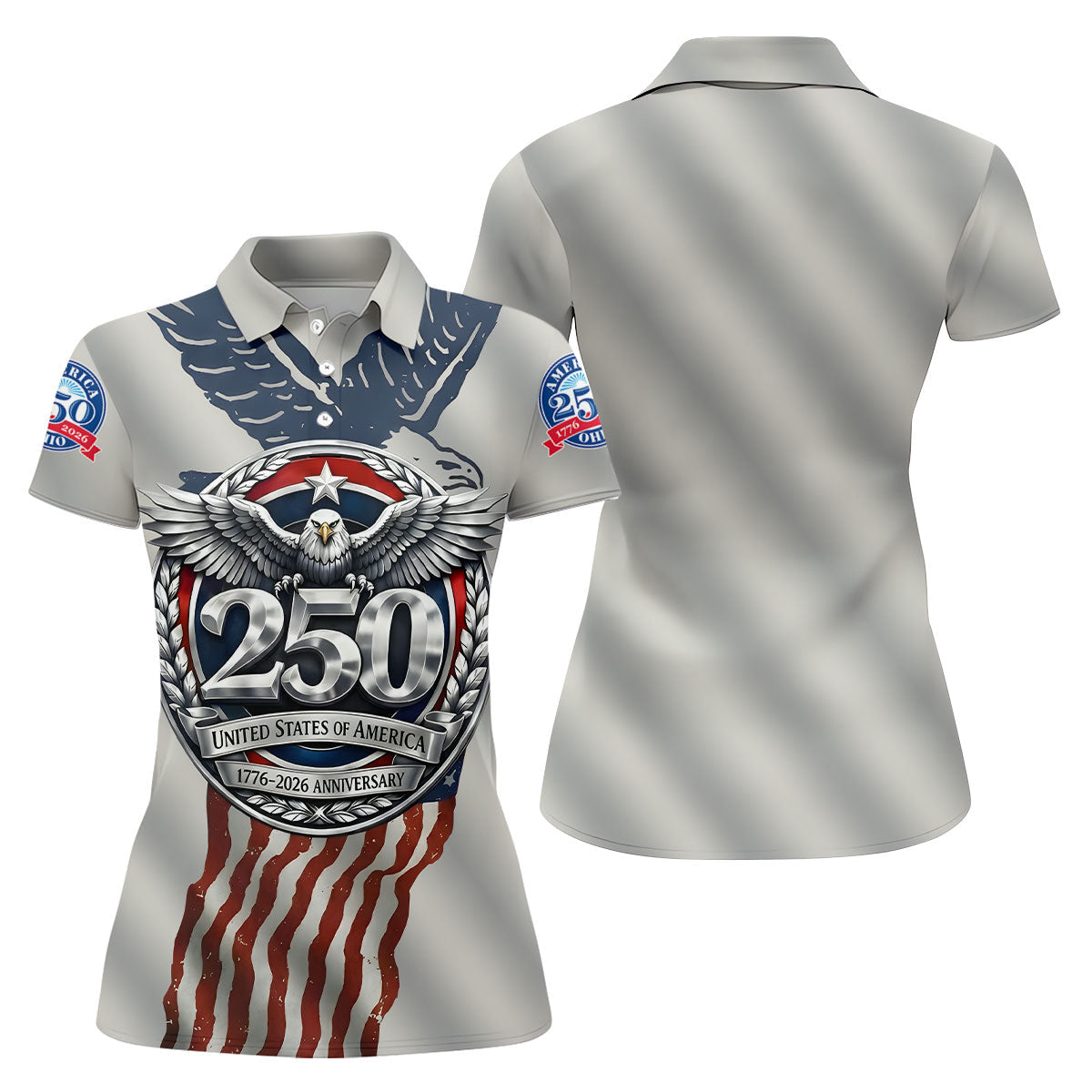 250 US 1776-2026 Anniversary Silver Print Ladies Golf Tops, Patriotic 4th Of July Golf Shirt For Women