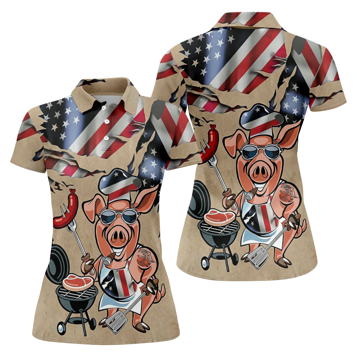 Patriotic American Flag Funny BBQ 250th Anniversary Dark Beige Women's Polo Shirt, Ladies Golf Shirts