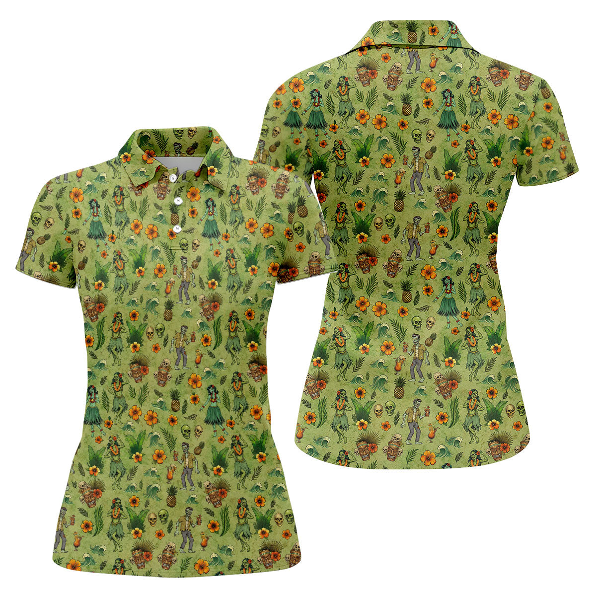 Tiki Zombie Hawaiian Golf Shirt, Hula Dancer Skull Pattern, Polo Shirts For Women