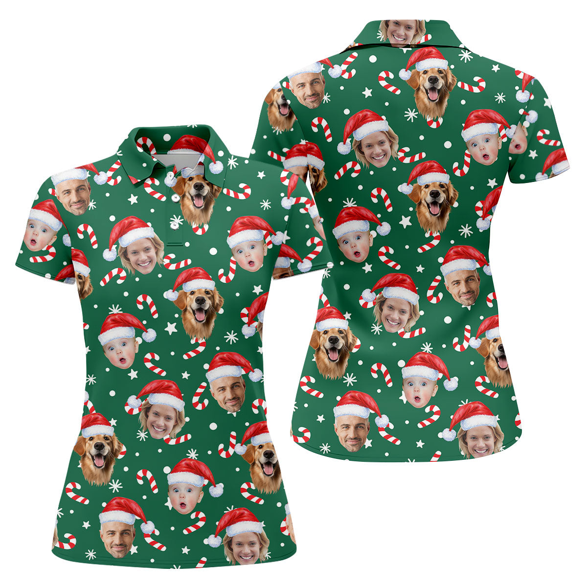 Custom Face Candy Cane Pattern Green Golf Shirt, Christmas Golf Shirt, Women's Golf Tops, Ladies Golf Shirts
