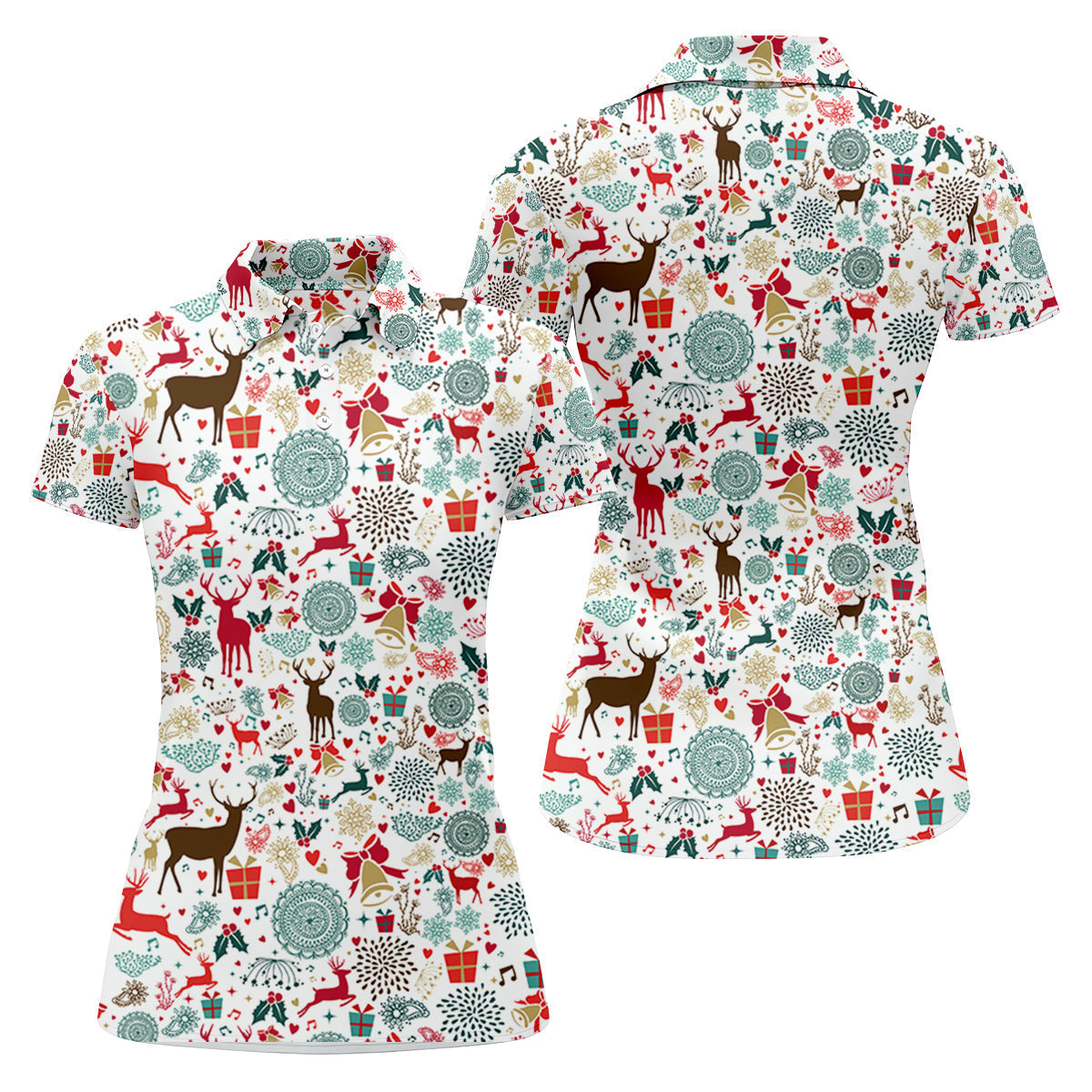 Vintage Reindeer White Christmas Golf Tops For Women, Gift Christmas Golf Shirt Polos, Ladies Golf Apparel