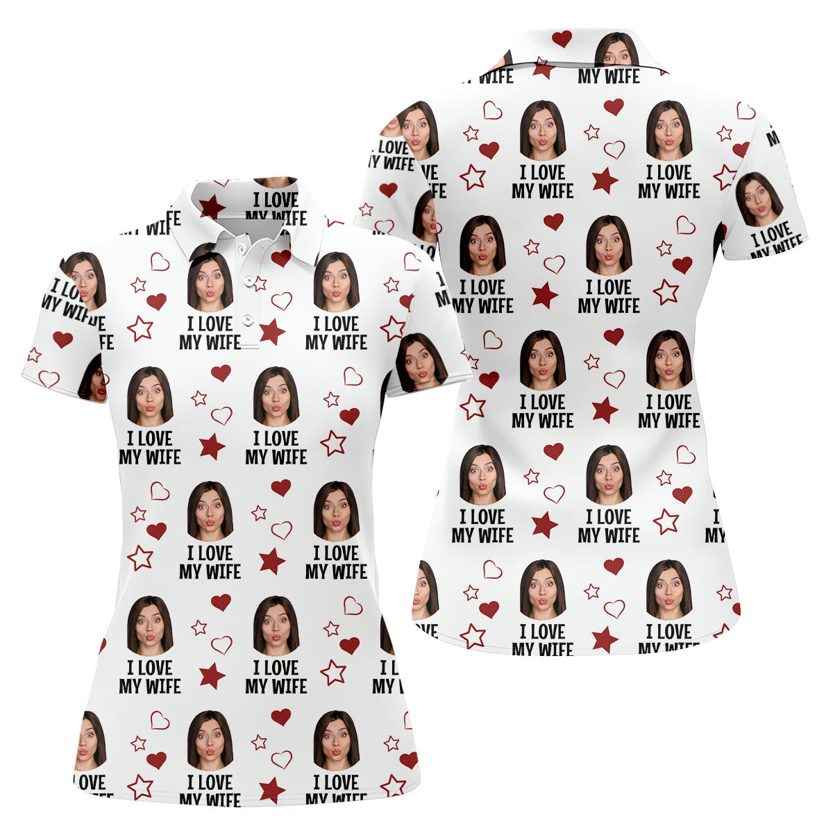 I Love My Husband Custom Face White Golf Shirt, Fun Women's Golf Shirts, Valentines Golf Gift, Ladies Golf Shirts