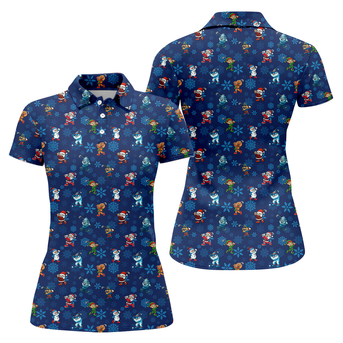 Funny Christmas Characters Golf Pose Navy Golf Shirt, Christmas Golf Shirt, Ladies Golf Shirts, Women's Polo Shirt